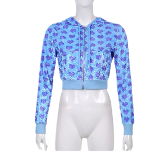 Y2K Barbiecore Baby Blue Dollz Kill SS Velour Hoodie Hearts Blue Crop Top Zip Up - Picture 1 of 3